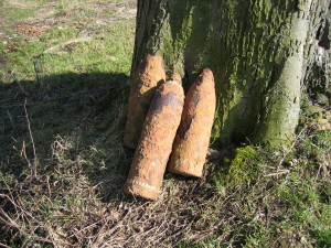 Heavy artillery shells from WWI, ready for pickup by EOD personnel